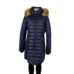 Guess Womens Navy Puffer Coat Faux Fur Hood Quilted Design Knee-Length Sz L
